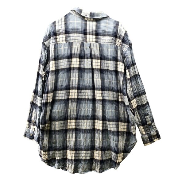 H&M Oversized Gauze Shirt Womens L Blue Plaid Overshirt Long Sleeve Cotton - Picture 2 of 9